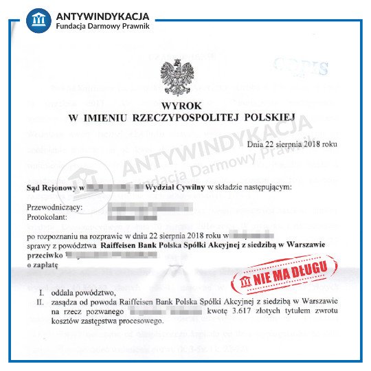 Wygrana sprawa sądowa o zapłatę długu z bankiem Raiffeisen Bank Polska. Wezwanie do sądu na rozprawę z bankiem.