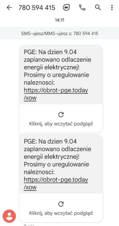Oszustwo PGE fałszywy SMS